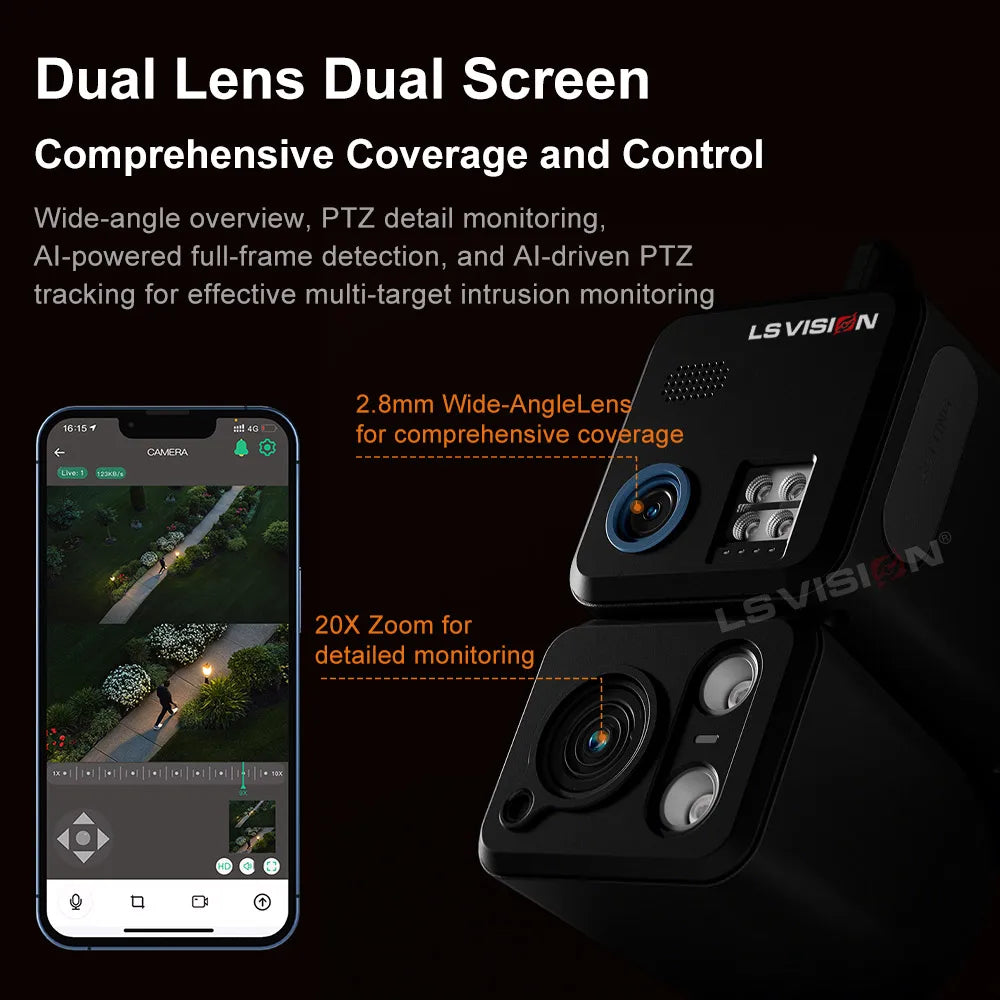 Caméra Solaire LS VISION 4K AOV Double Objectif Zoom 20x 4G+Wi-Fi Suivi IA 24/7 IR 50m IP66 NiView – CLEVI Paris
