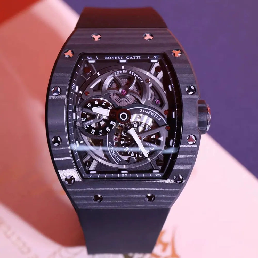 Montre BONEST GATTI BG-9004 – Tourbillon Automatique, Lunette Fibre de Carbone, Tonneau 46 mm, Squelette, Bracelet Fluoroélastomère, Étanche 5 ATM – CLEVI Paris