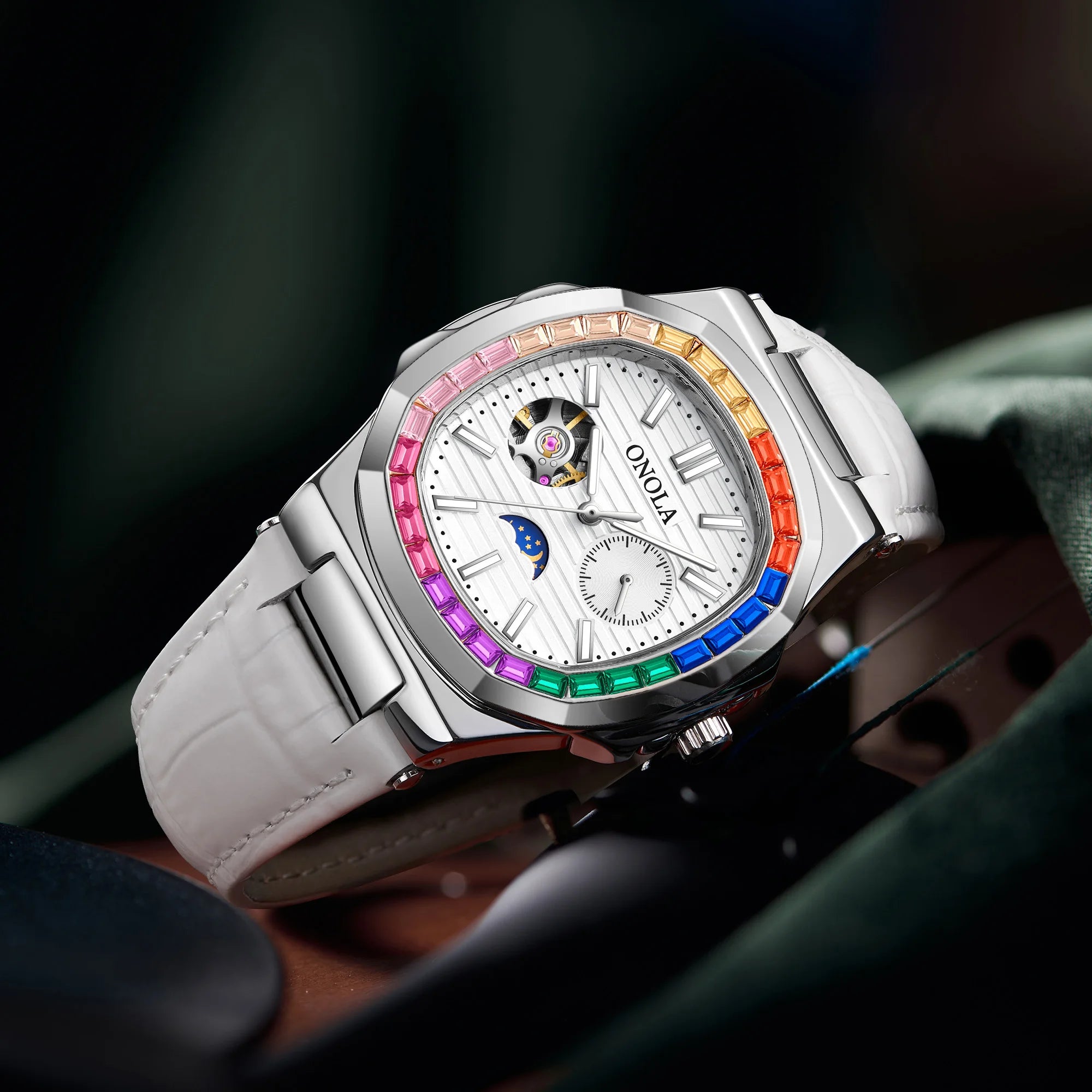 Montre ONOLA ON3855CH – Mécanique Automatique Squelette, Diamants, Bracelet Cuir, Étanche 3 ATM – CLEVI Paris