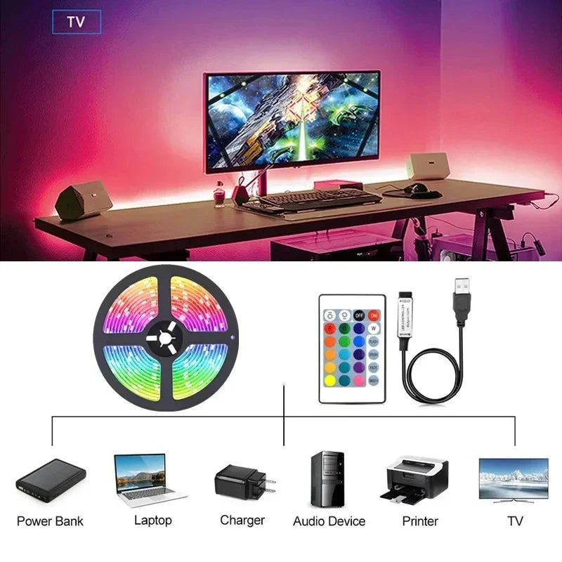 Ruban LED RGB USB 5V — SMD 5050, Contrôle WiFi / Bluetooth / IR / 3 Touches, 1m à 30m | CLEVI Paris
