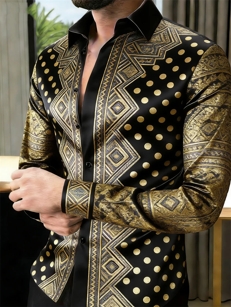 Chemise Homme Manches Longues – Imprimé 3D Luxe & Pois Dorés