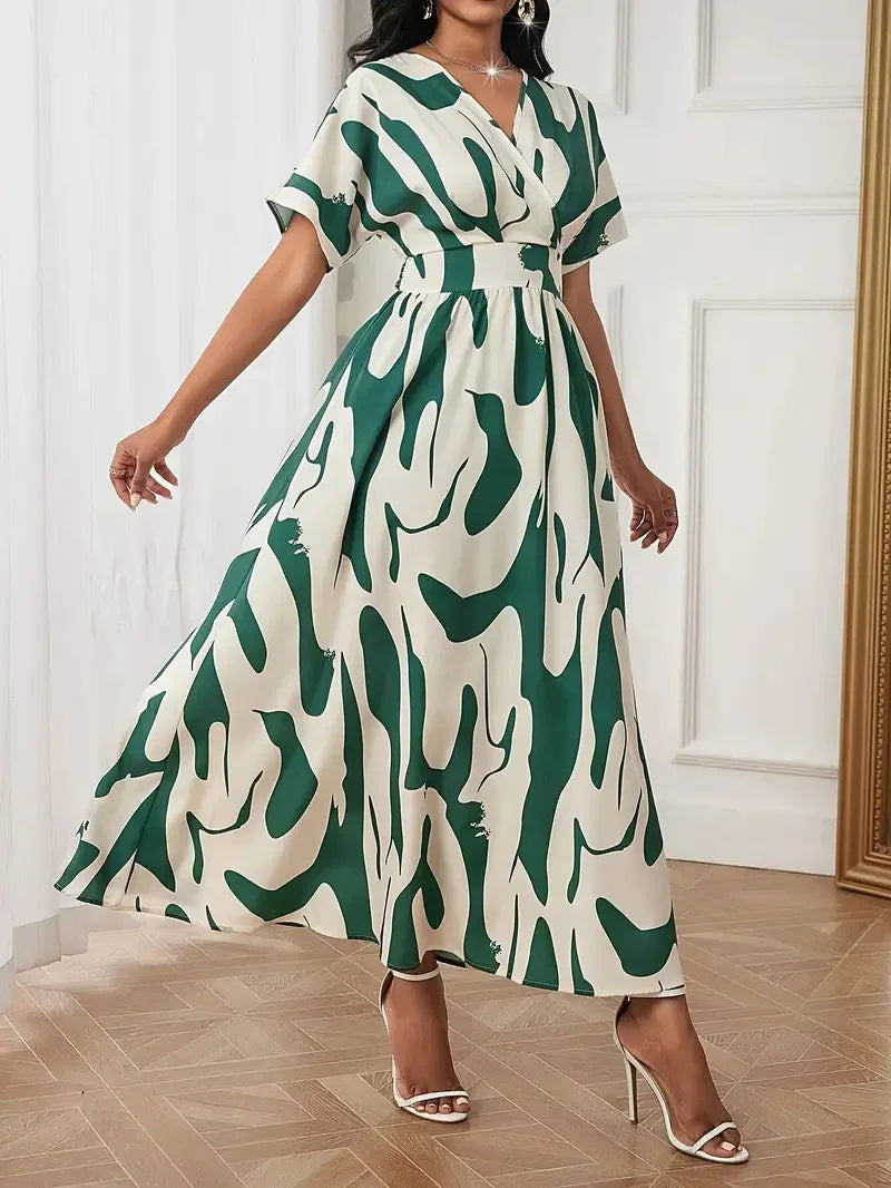 Robe Femme Col V Manches Courtes Imprimé Abstrait A-Line Taille Empire Casual Été – CLEVI Paris