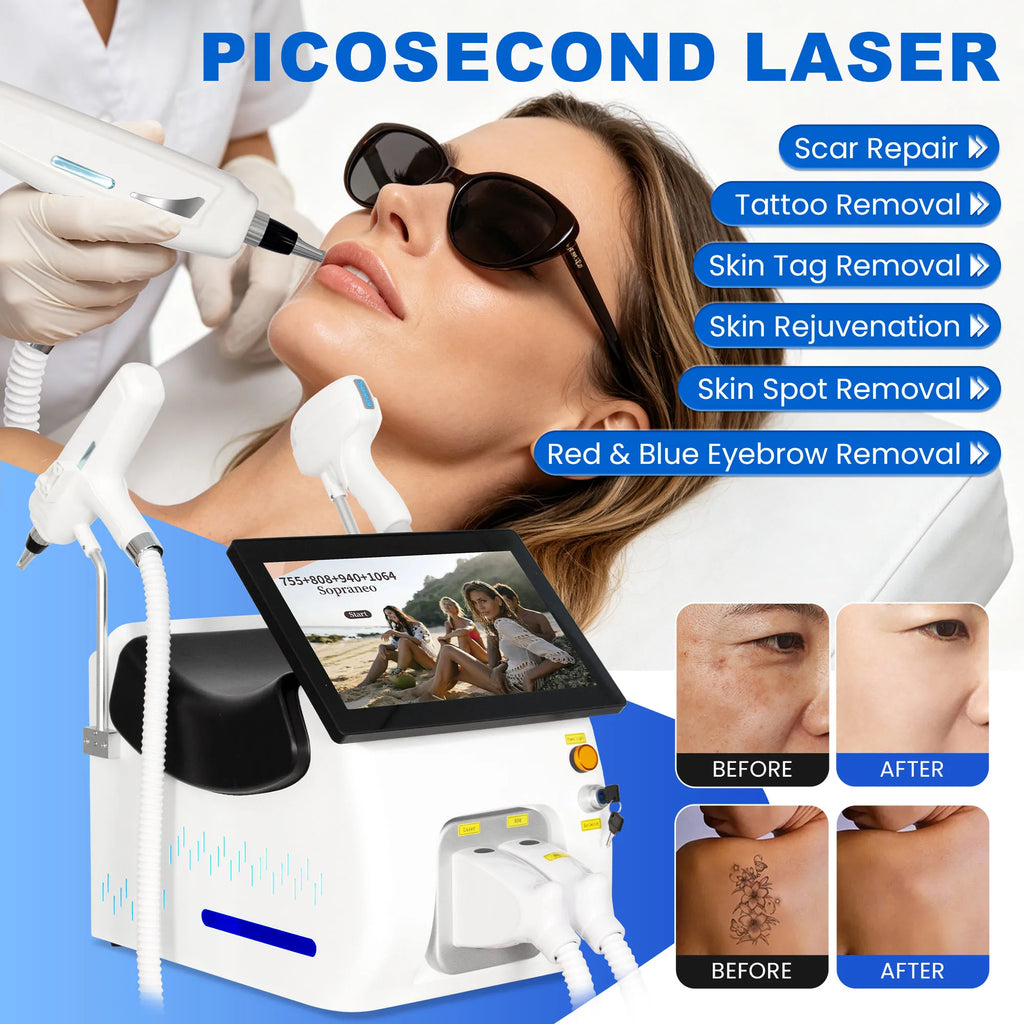 Machine Portable 2-en-1 Laser Diode FAC Picoseconde 5000W 4 Longueurs d’Onde 755/808/940/1064nm Épilation & Détatouage – CLEVI Paris