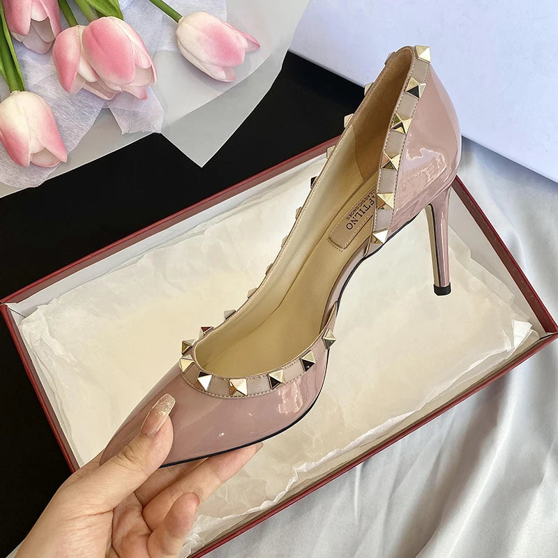 Escarpins Femme Talons Aiguilles Cuir Verni Rivets – CLEVI Paris