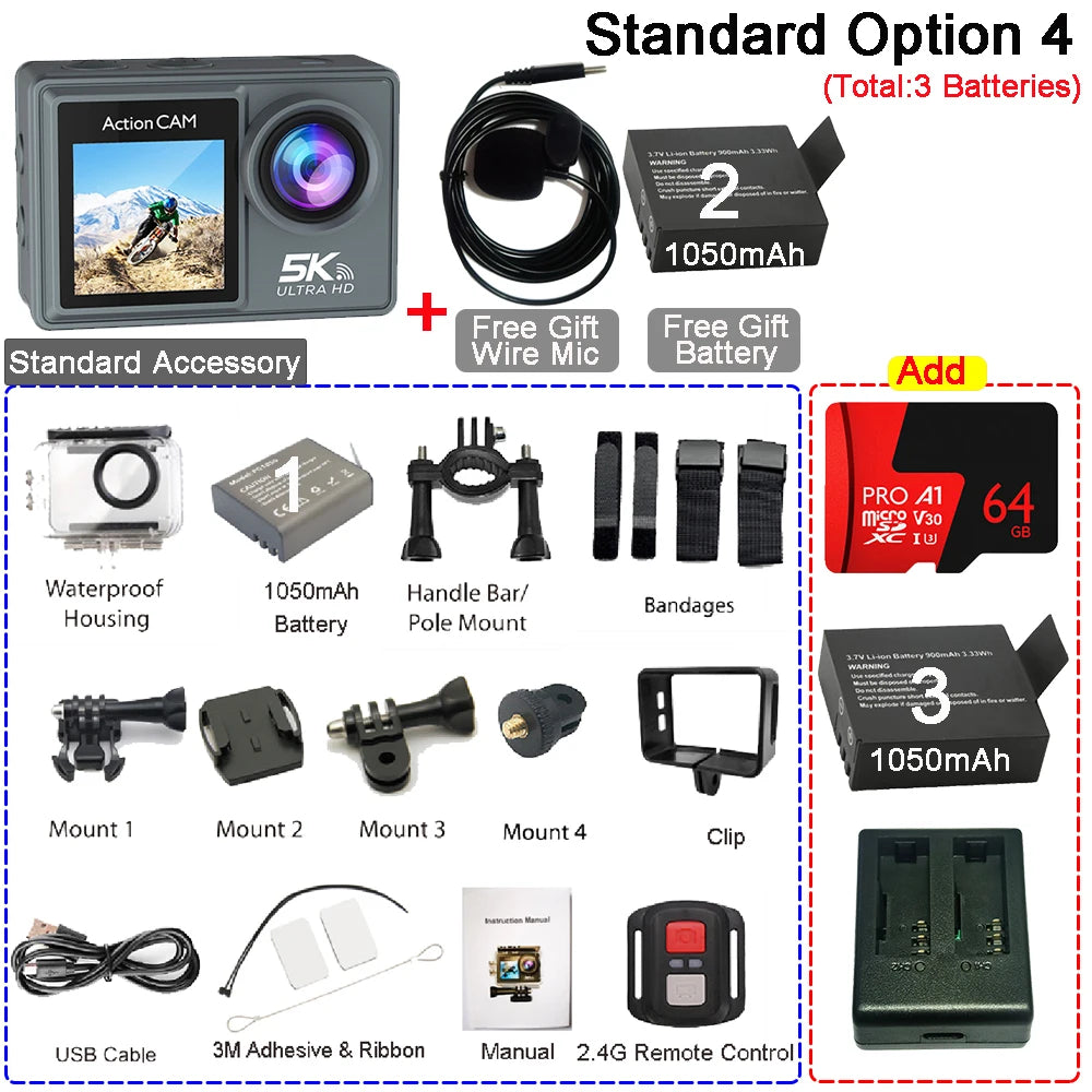 Action Cam HUAFANT M4R 5K 4K60fps – EIS 6 Axes, Grand Angle 170°, Étanche 30m, Micro Sans Fil, Double Écran IPS, WiFi – CLEVI Paris