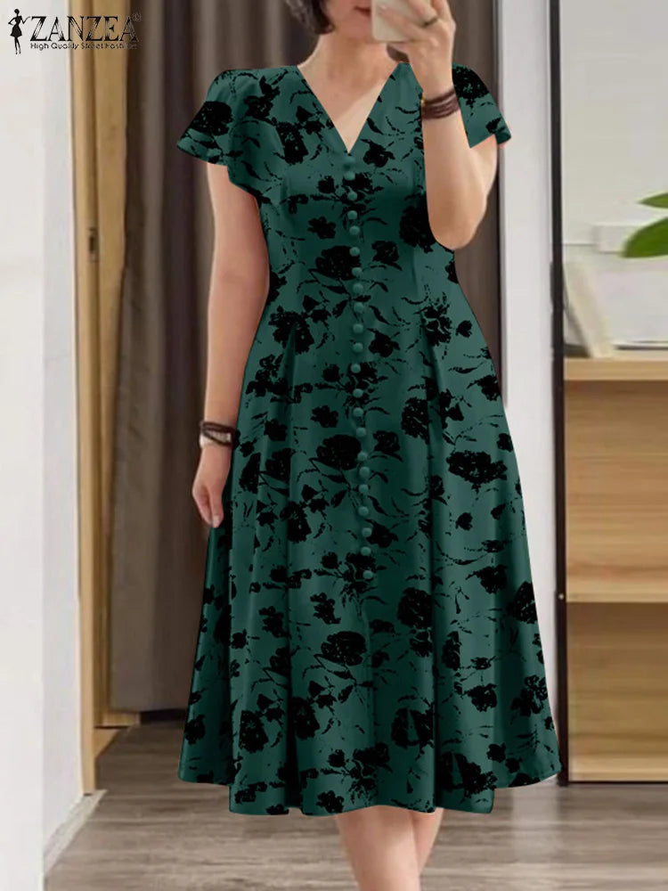 Robe Femme Col V Imprimé Floral Manches Papillon Taille Cintrée A-line Mi-Mollet – CLEVI Paris