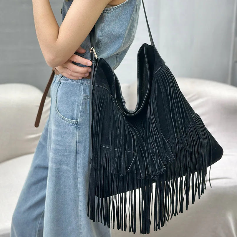 Sac Hobo Femme Velours Double Face Franges Pompon – CLEVI Paris
