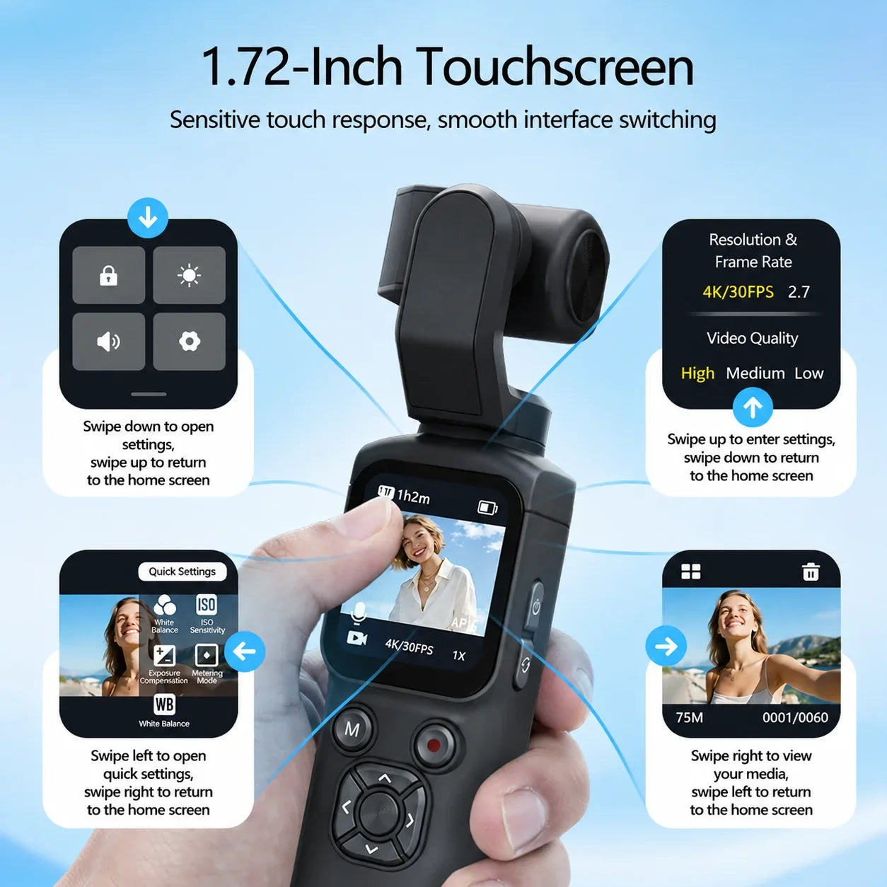 Caméra Vlog 4K Pocket – Rotation 330°, Suivi Facial, Gimbal & Écran Tactile 1,72" – CLEVI Paris