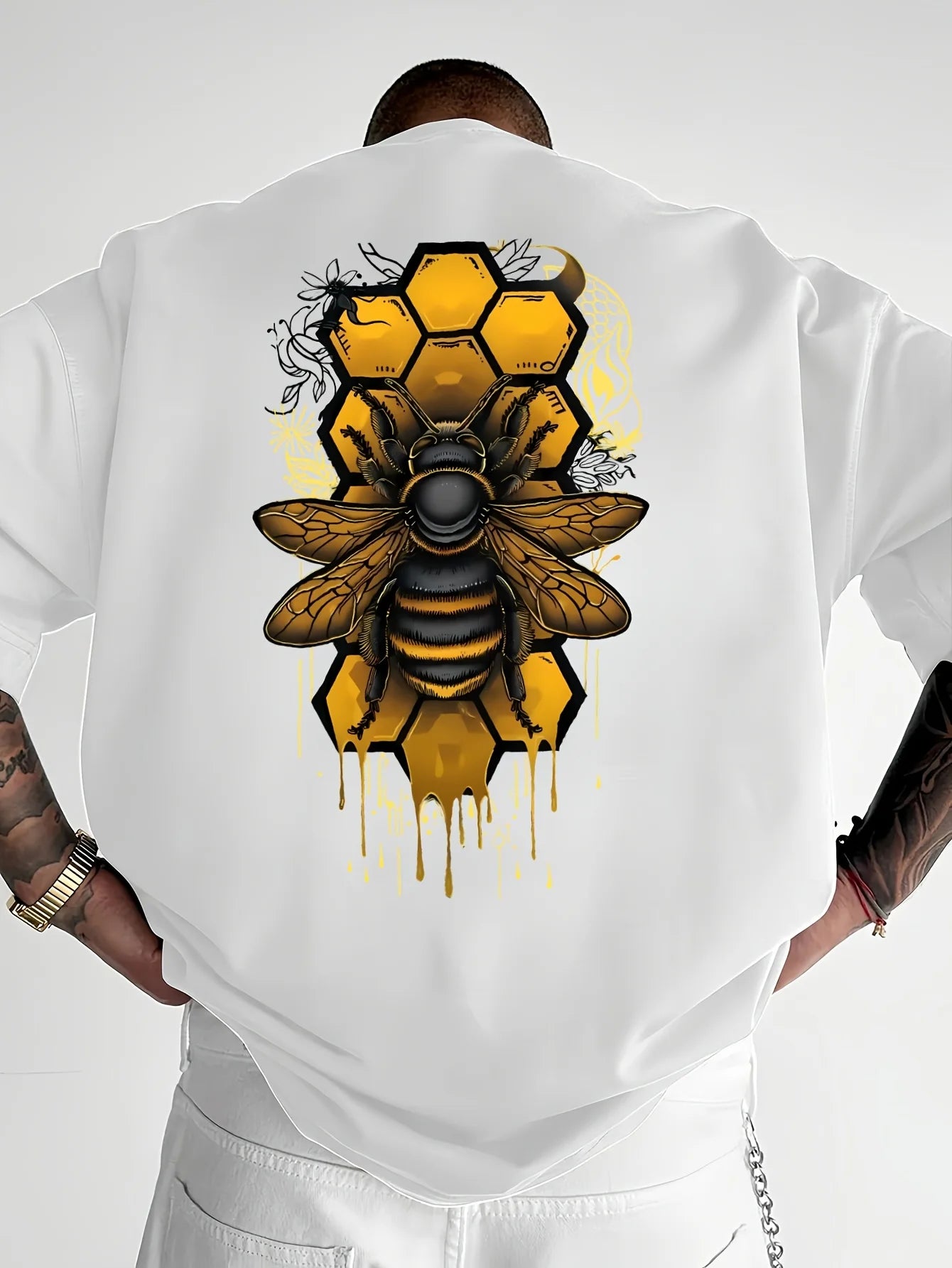 T-Shirt Homme 100% Coton Imprimé Abeille – Loose Fit, Col Rond, Manches Courtes