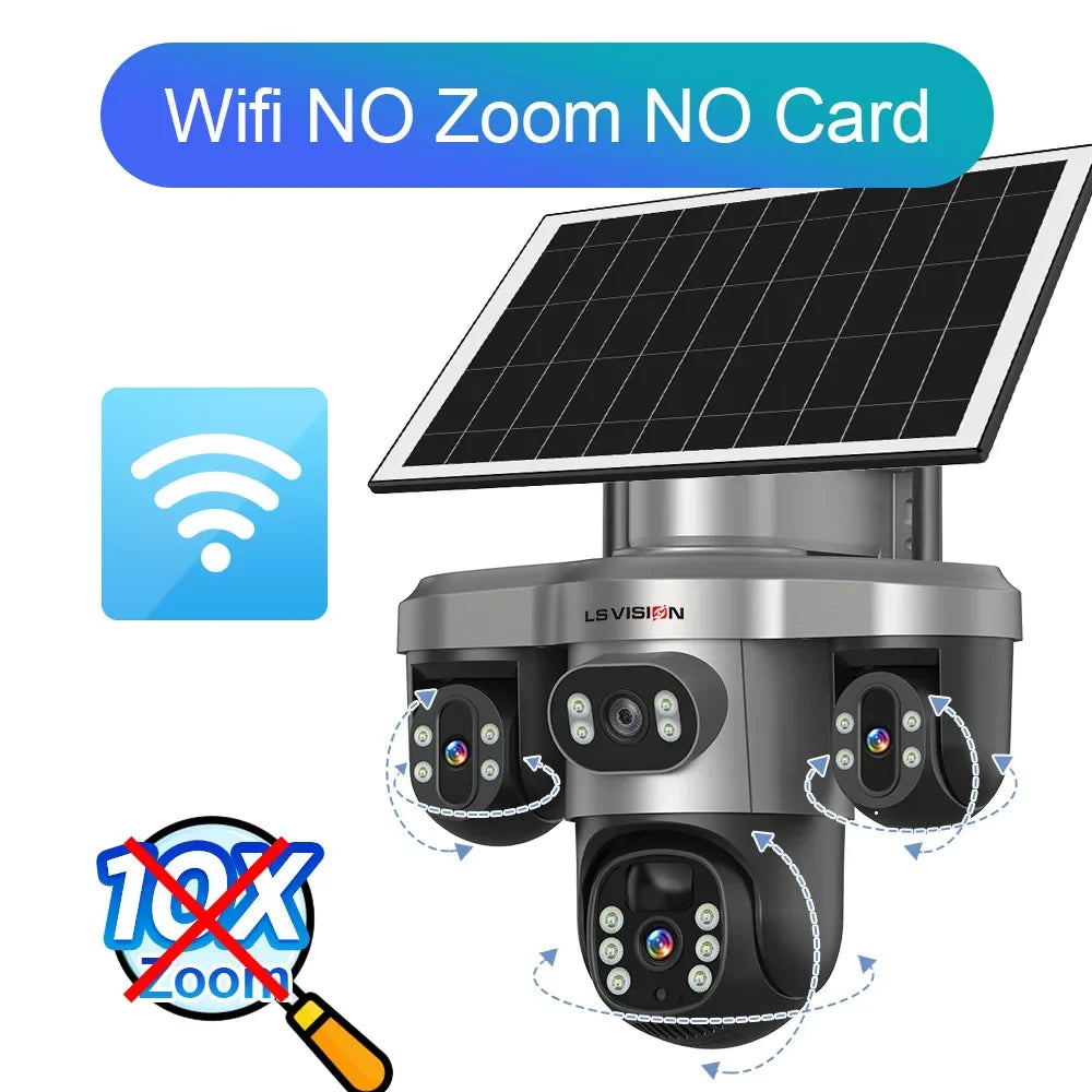 Caméra Solaire LS VISION 20MP 4 Objectifs 3 Écrans PTZ Zoom 10x 4G/Wi-Fi IP66 V380 Pro – CLEVI Paris