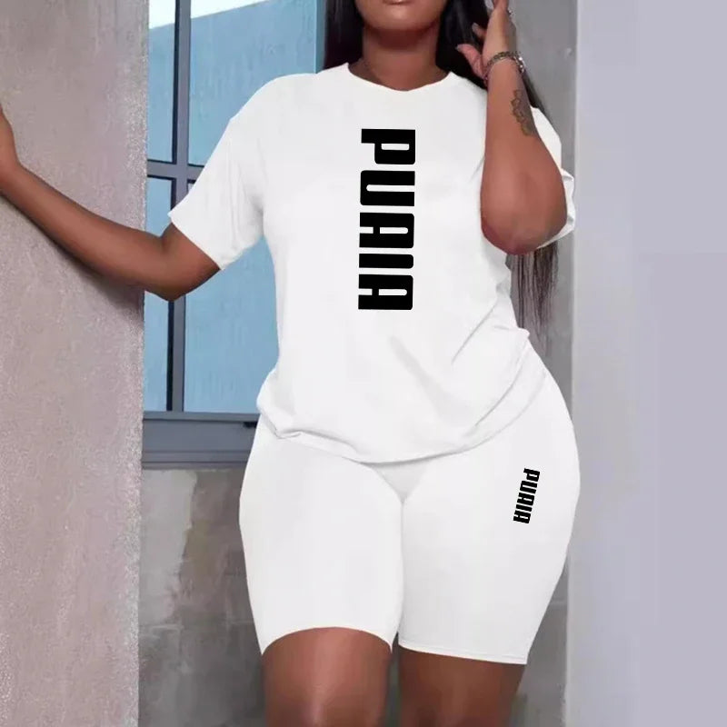 Ensemble 2 Pièces Femme T-Shirt Col Rond Manches Courtes Imprimé + Short Casual Sport 8 Coloris – CLEVI Paris
