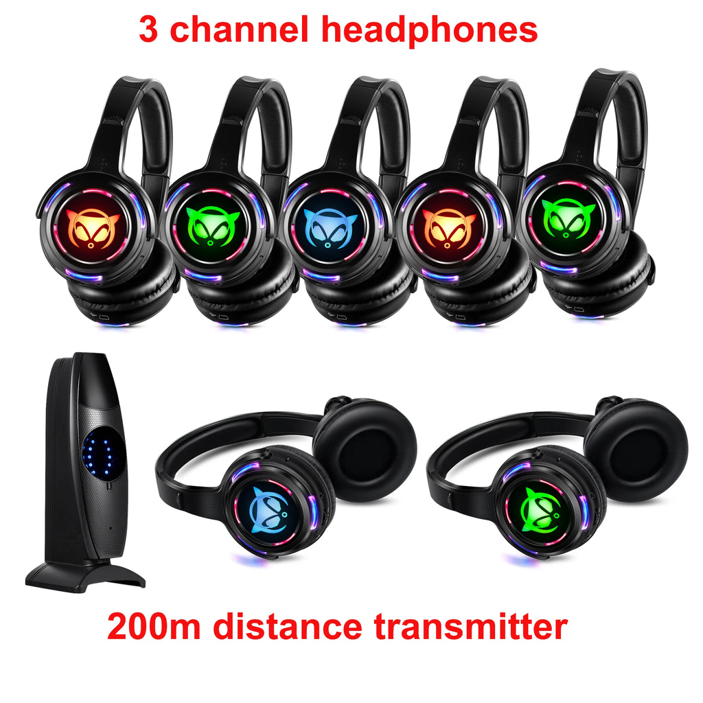 CATASSU Casques Silent Disco LED RF Sans Fil 3 Canaux 100m 10h – CLEVI Paris