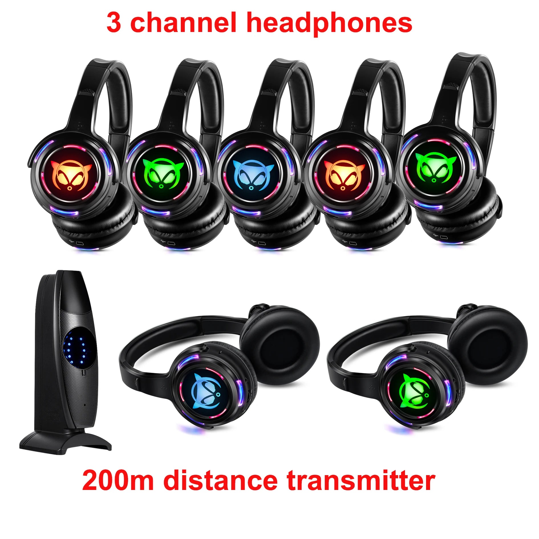 CATASSU Casques Silent Disco LED RF Sans Fil 3 Canaux 100m 10h – CLEVI Paris