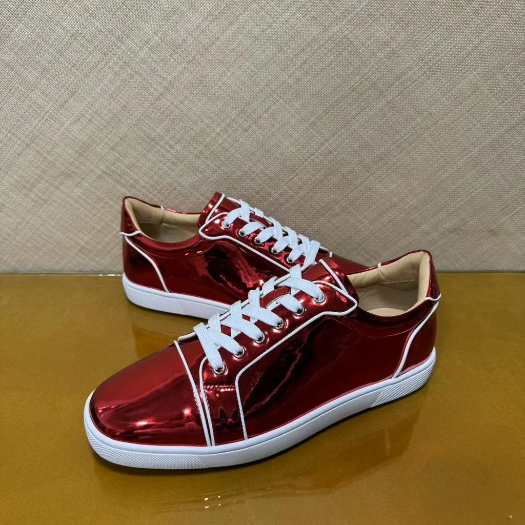 Sneakers Basses Cuir Véritable Rouge Homme – Semelle Rouge, Sans Rivets, Imperméable, Tailles 35-48 – CLEVI Paris