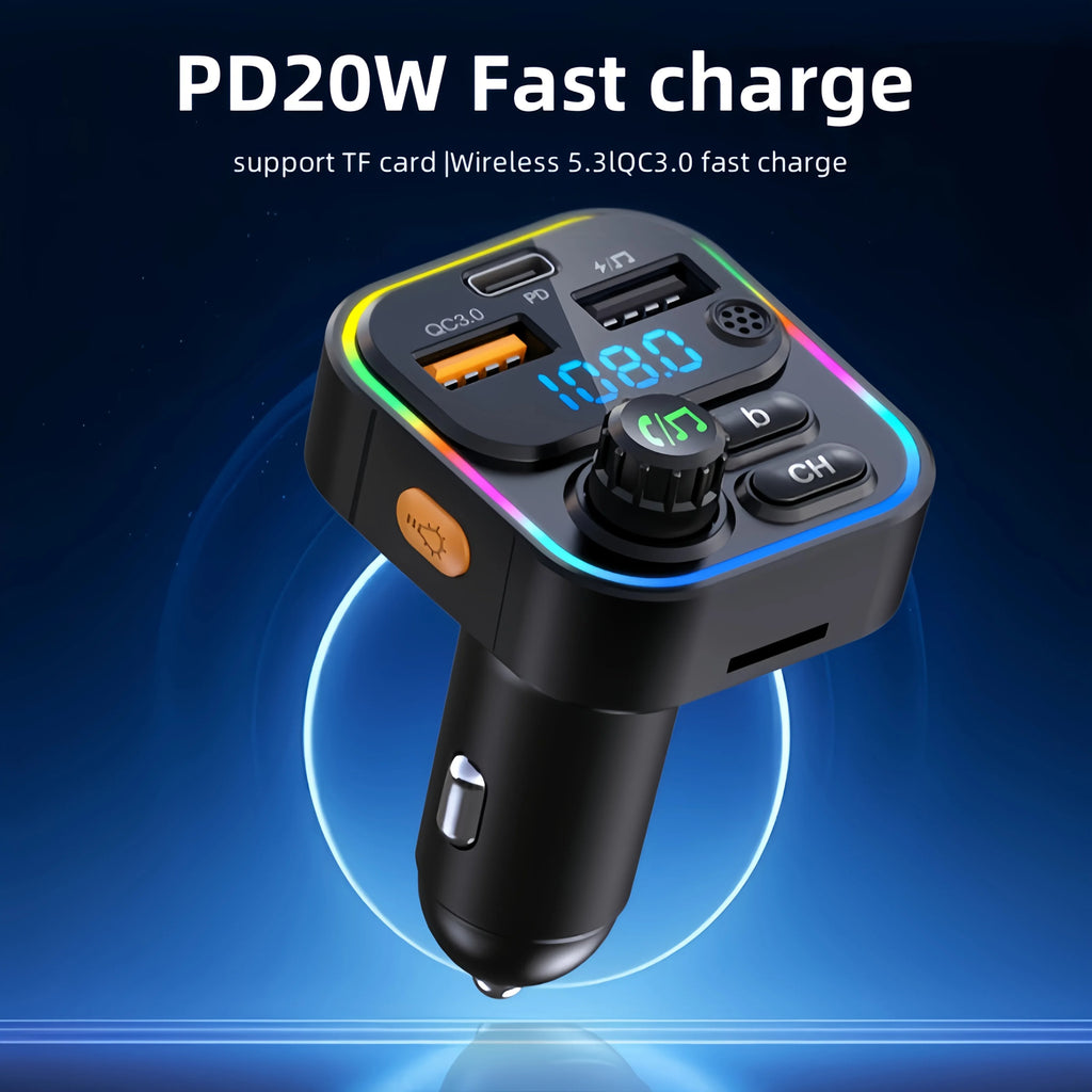 Émetteur FM Voiture Bluetooth 5.3 – Charge Rapide PD 20W QC3.0 AUX Lecteur MP3 Lumières Ambiance 12-24V – CLEVI Paris