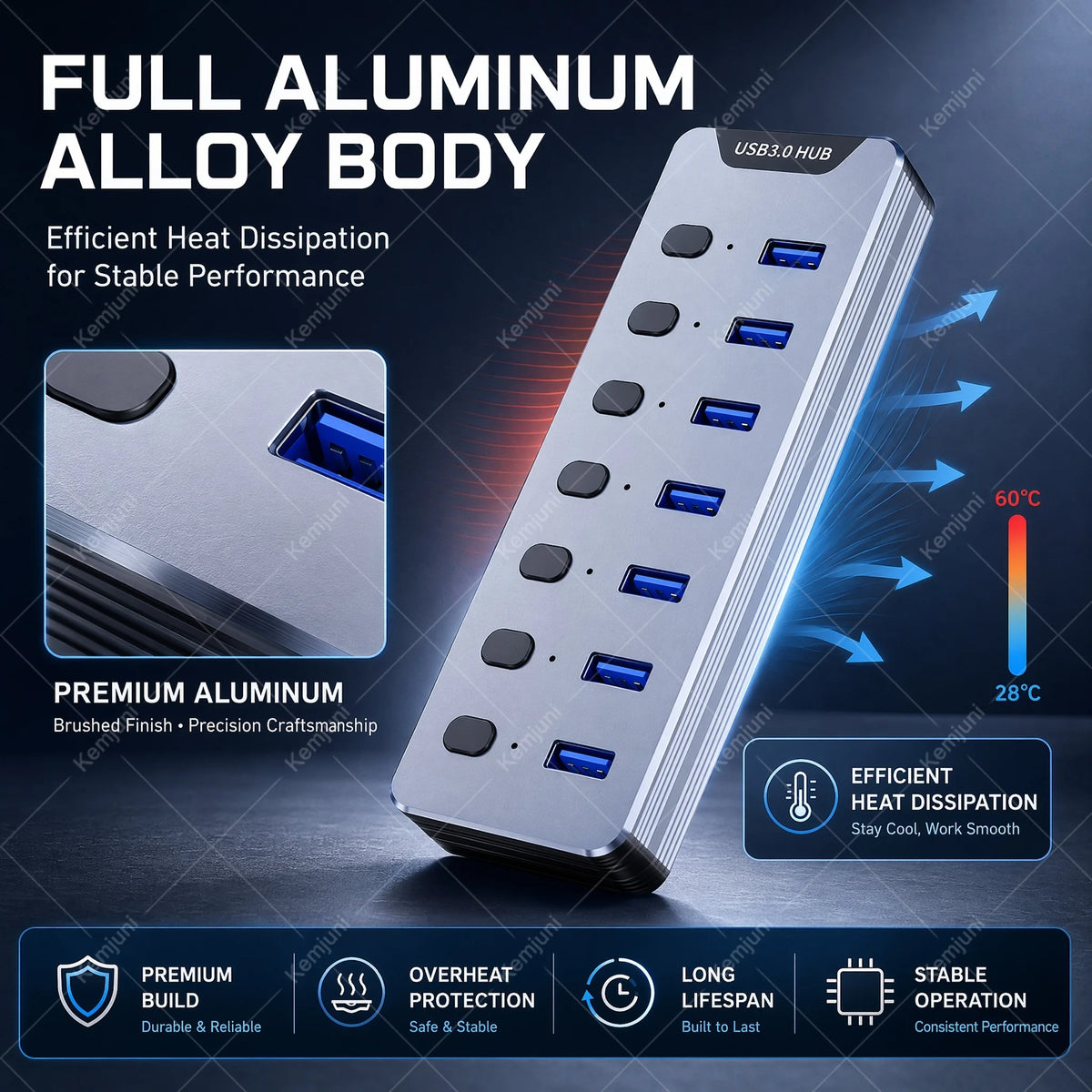 Hub USB 3.0 7 Ports Interrupteurs Individuels Alimentation 24W 5Gbps – CLEVI Paris