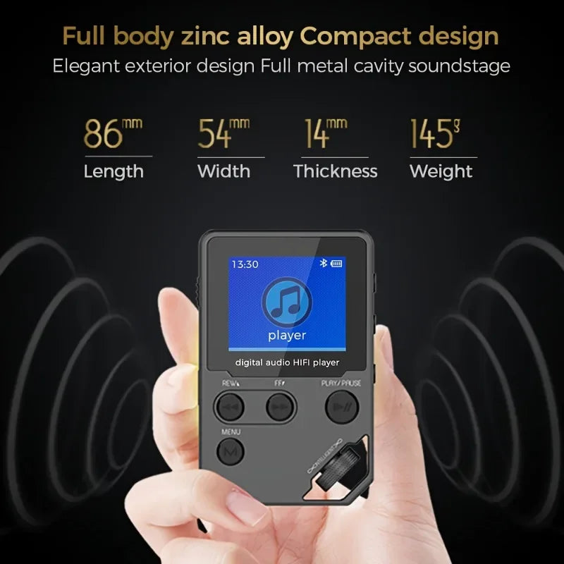 Lecteur MP3 Bluetooth 8 Go – Boîtier Zinc, 50h d'autonomie, Radio FM & Enregistreur