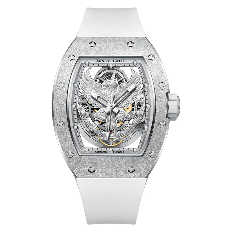 Montre BONEST GATTI BG5002 – Automatique Tonneau 45 mm, Cadran Aigle Lumineux, Verre Saphir, Bracelet Caoutchouc, Étanche 3 ATM – CLEVI Paris