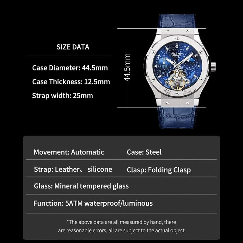 PINDU Montre Automatique Homme Squelette Phase de Lune Saphir Cuir Business 45mm – CLEVI Paris