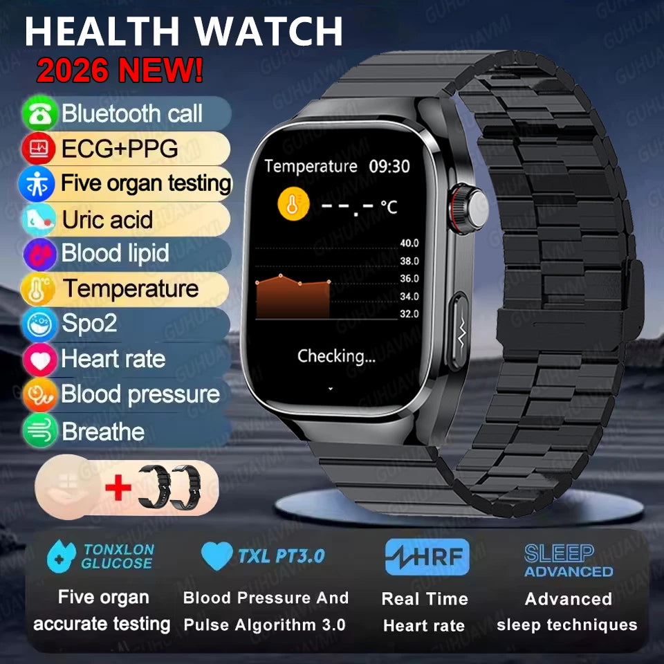 Montre Connectée Santé ECG Acide Urique IMC 5 Organes | AMOLED Verre Saphir IP68