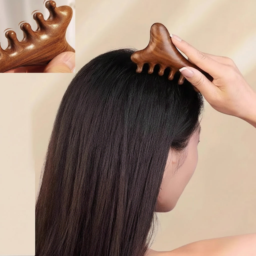 Peigne Masseur 4-en-1 en Bois de Santal | Tête, Nuque, Visage & Corps | Acupression – CLEVI Paris