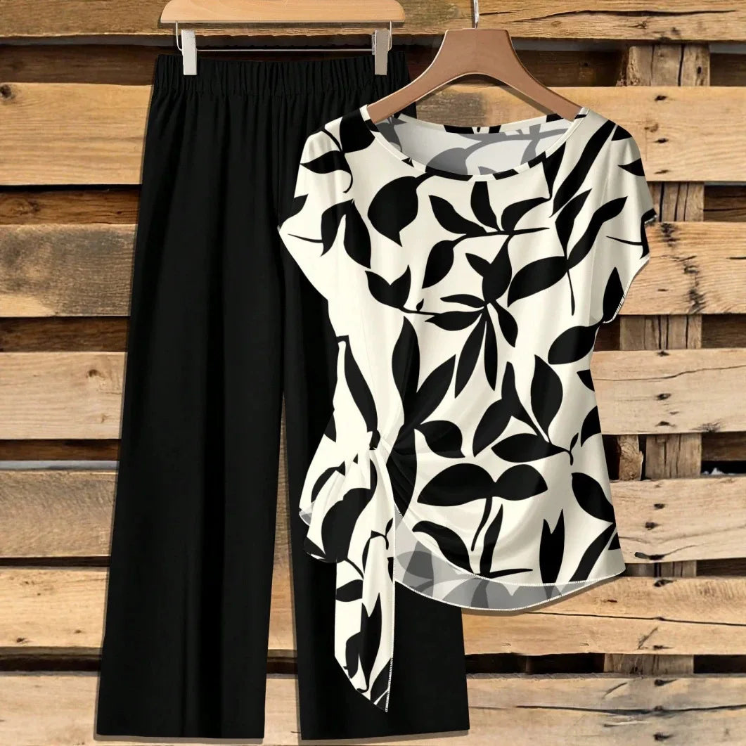 Ensemble 2 Pièces Femme Top Nœud Manches 3/4 + Pantalon Large Imprimé Casual – CLEVI Paris