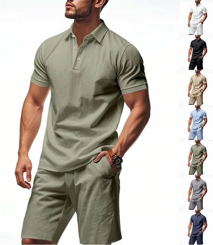 Ensemble 2 Pièces Homme Lin Chemise Polo Manches Courtes + Short Plage Casual Été – CLEVI Paris