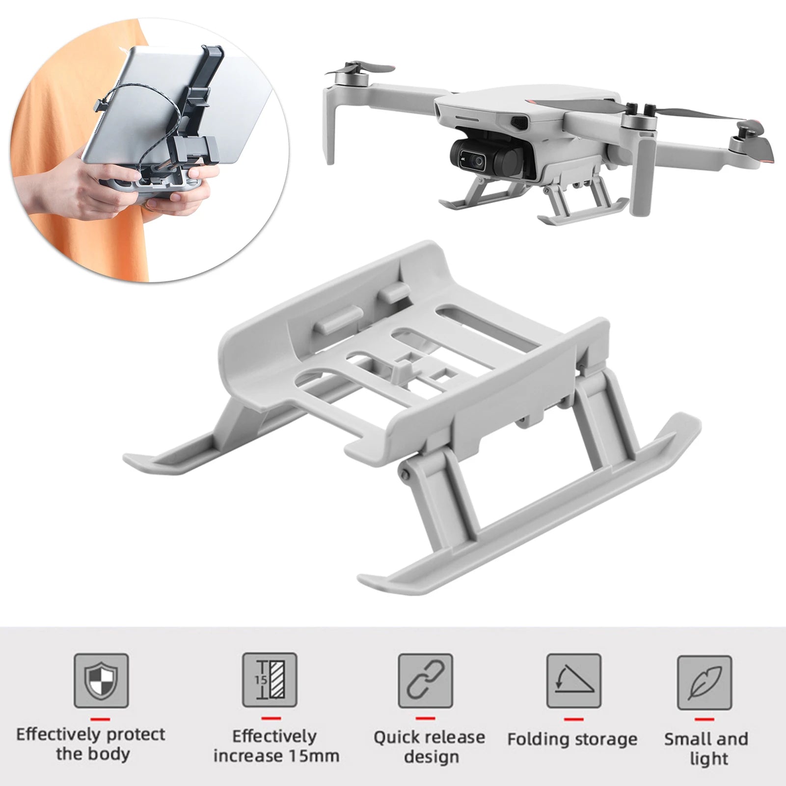 Train d'Atterrissage Pliable pour DJI Mini SE, Mini 2, Mini 4K & Mavic Mini – +15 mm, Protection Gimbal – CLEVI Paris