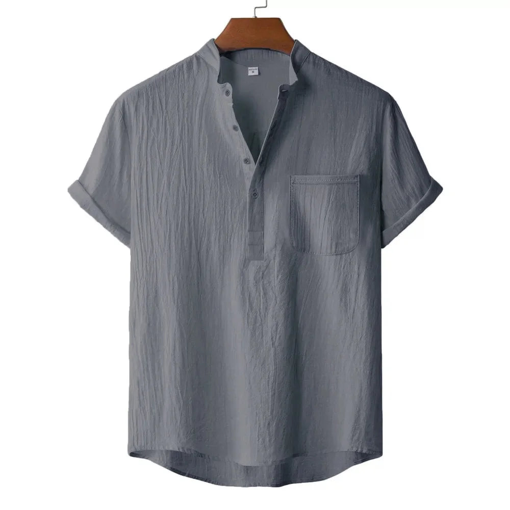 T-Shirt Homme Coton & Lin – Col Henley, Manches Courtes, Style Plage & Vacances