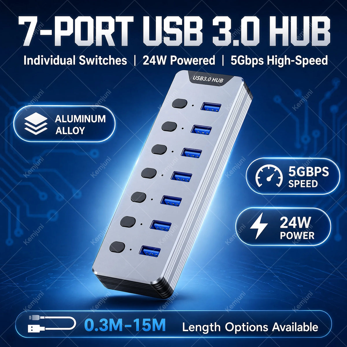 Hub USB 3.0 7 Ports Interrupteurs Individuels Alimentation 24W 5Gbps – CLEVI Paris