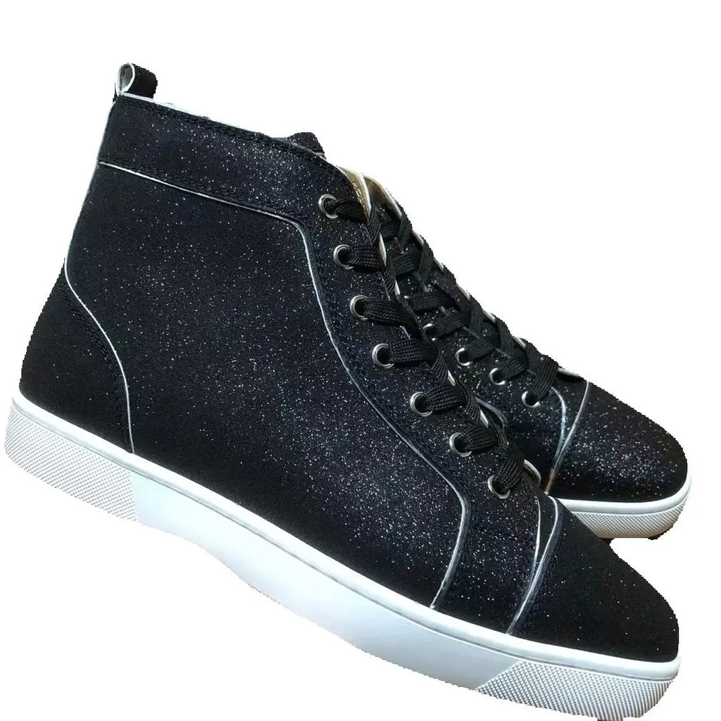 Sneakers Montantes Cuir Glitter Noir Homme – Semelle Rouge, Lacets, Tailles 35-48 – CLEVI Paris