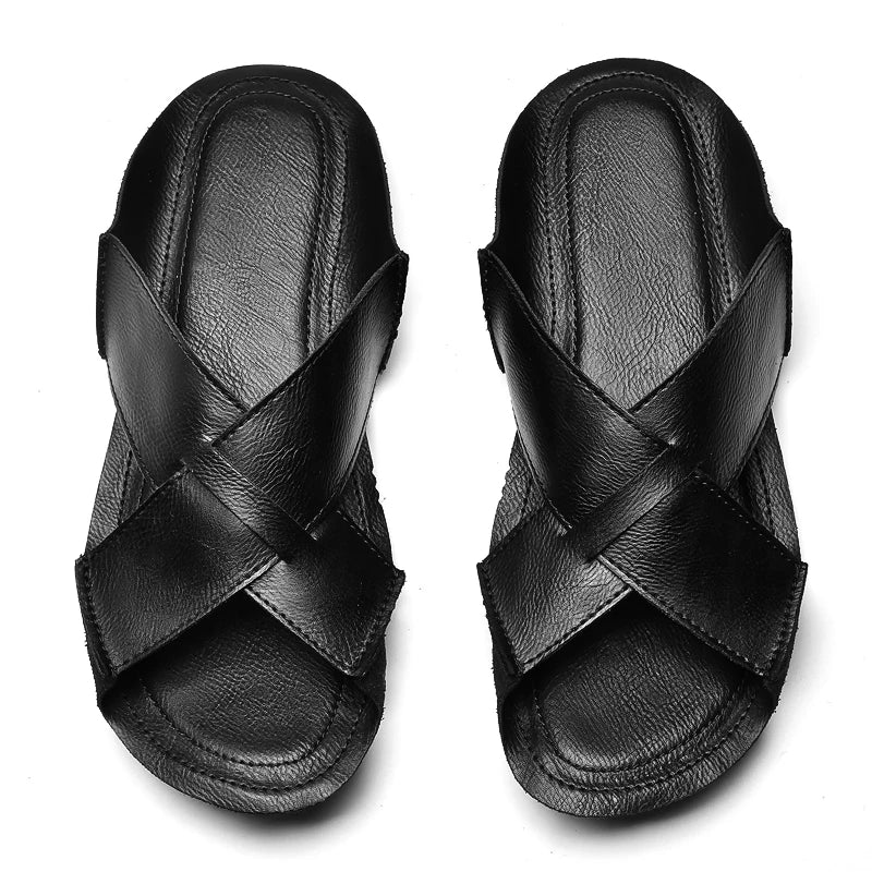 Sandales Homme Été – Cuir Fendu Plissé, Open-Toe, Slides Plage & Outdoor | Marron ou Noir