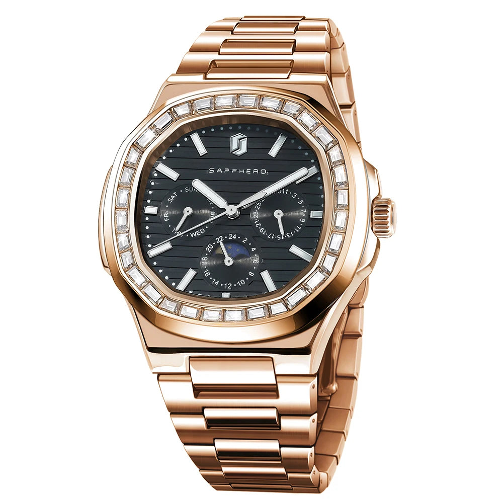 Montre SAPPHERO SO2201 – Quartz Or Rose, Cadran Diamant, Acier Inoxydable 40 mm, Aiguilles Lumineuses, Anti-Magnétique, Étanche 3 ATM – CLEVI Paris