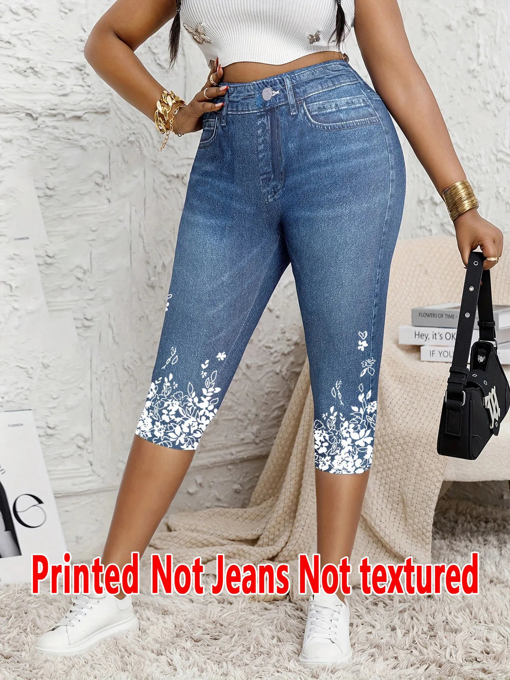 Legging 7/8 Femme Imprimé Effet Jean Taille Haute Stretch Gainant Casual – CLEVI Paris
