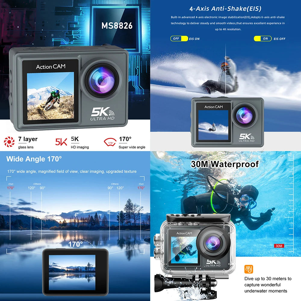 Action Cam HUAFANT M4R 5K 4K60fps – EIS 6 Axes, Grand Angle 170°, Étanche 30m, Micro Sans Fil, Double Écran IPS, WiFi – CLEVI Paris