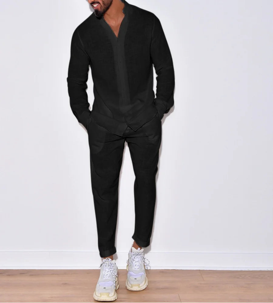 Ensemble 2 Pièces Homme Coton Lin Col Mao Chemise + Pantalon Ample Style Casual – CLEVI Paris