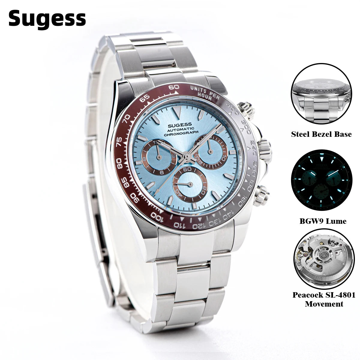 SUGESS Montre Automatique Homme Chronographe Peacock SL-4801 Saphir Acier 39mm 50m – CLEVI Paris