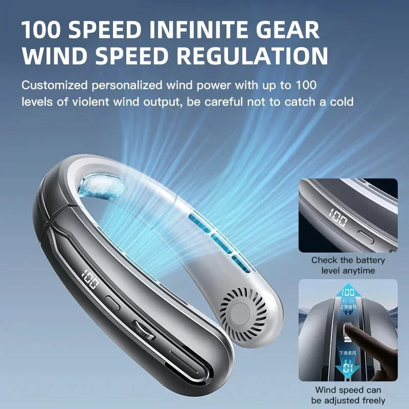 Ventilateur Tour de Cou Sans Lames 8000mAh 100 Vitesses LED USB Rechargeable – CLEVI Paris