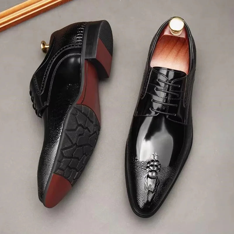 Derby Homme Cuir Verni Motif Crocodile – Bout Pointu, Lacets, Business & Soirée – CLEVI Paris