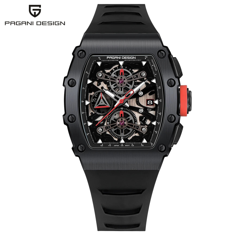 Montre PAGANI DESIGN PD-YS011 – Quartz Chronographe Racing, Verre Saphir, Acier Inoxydable Tonneau, Bracelet Silicone, Étanche 5 ATM – CLEVI Paris