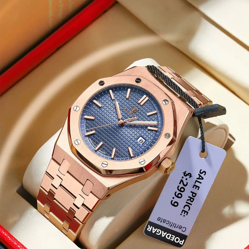 Montre POEDAGAR 924 – Quartz Business Luxe, Date, Aiguilles Lumineuses, Acier Inoxydable 40 mm, Étanche 3 ATM – CLEVI Paris