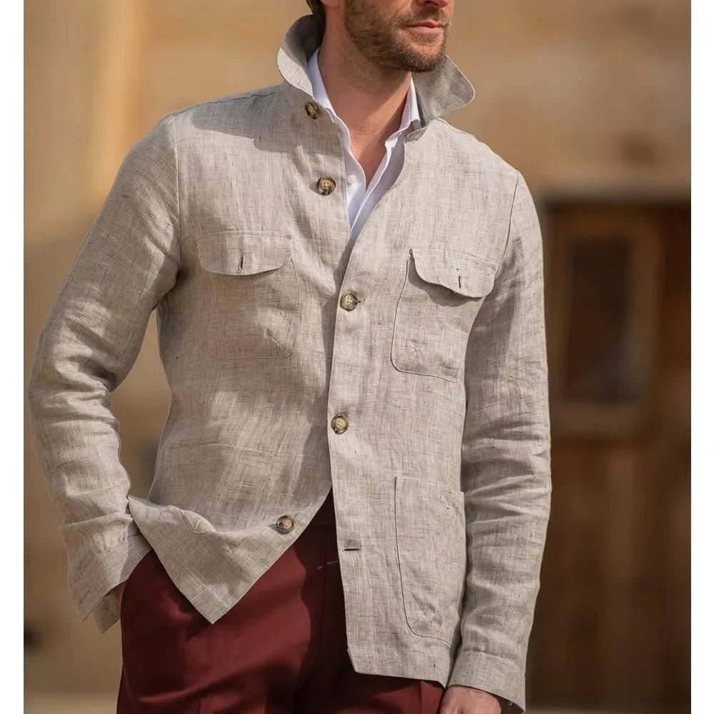 Veste Safari Lin Homme Col Montant – CLEVI Paris