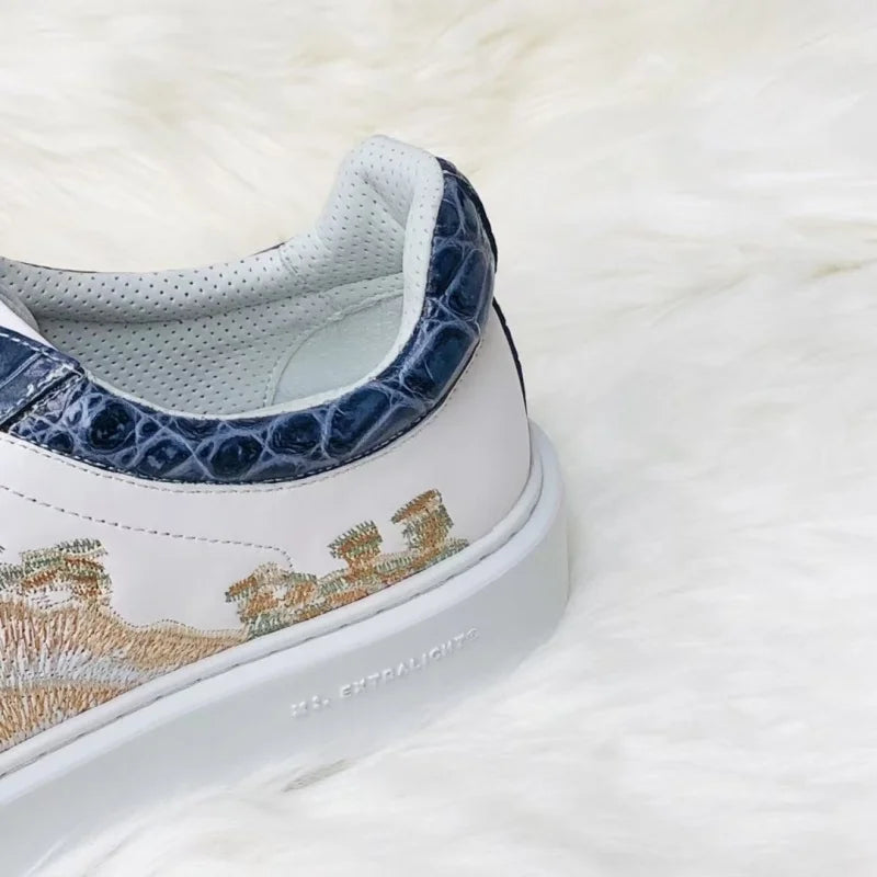 Chaussures Homme Luxe – Cuir Véritable Crocodile & Vachette, Lacets, Bicolore Blanc & Bleu | Édition Unique