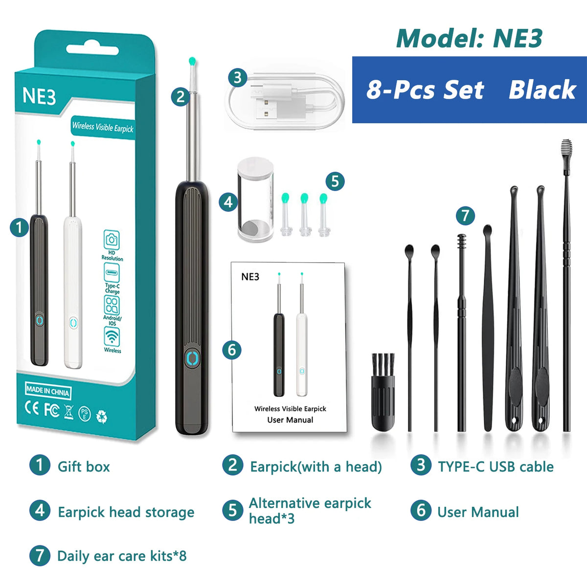 Kit Nettoyeur Oreilles Visuel HD 1080P Wi-Fi Otoscope IP67 USB-C – CLEVI Paris