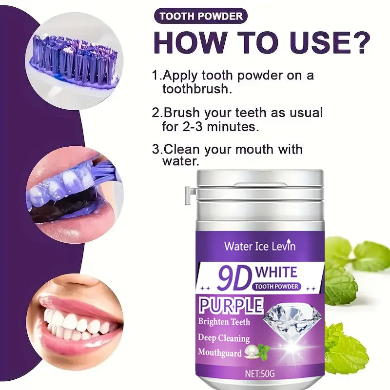 Poudre Dentifrice Blanchissante 9D White | Formule Violette & Haleine Fraîche