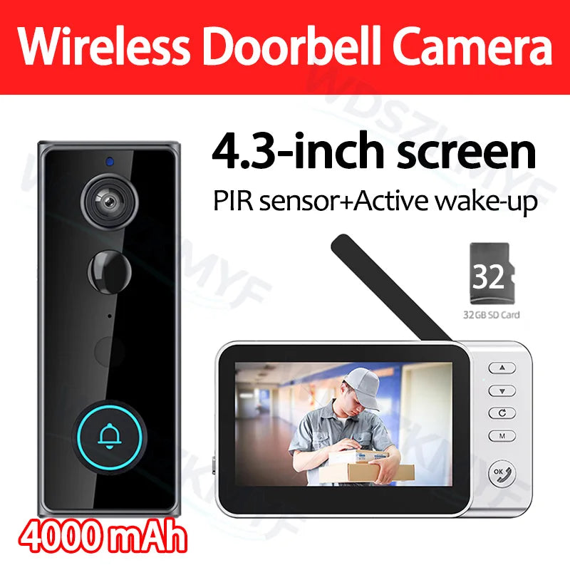Sonnette Vidéo Sans Fil Écran IPS 4,3" IP65 Intercom 2,4G Vision Nocturne – CLEVI Paris