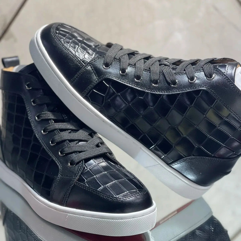 Sneakers Montantes Homme Cuir Croco Noir – Semelle Rouge, Rivets, Lacets | Style Luxe