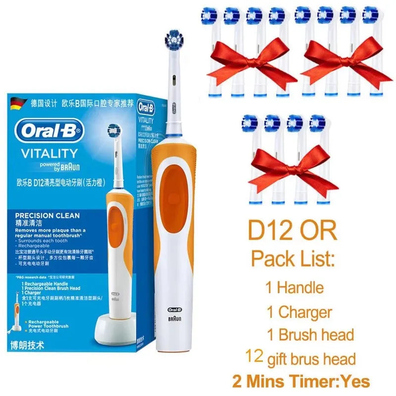 Brosse à Dents Électrique Oral-B Vitality D12 – Rotation 3D, Têtes FlexiSoft, IPX7, 7 Jours d'Autonomie – Têtes Offertes
