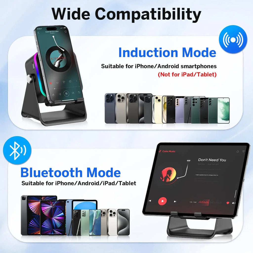 Support Téléphone 5-en-1 – Enceinte Induction HiFi, 8 LED RGB, Power Bank 5000mAh | Newmsnr