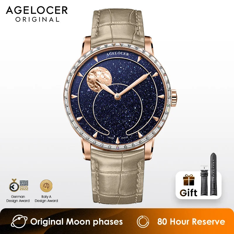 AGELOCER Montre Automatique Homme Phase de Lune Aventurine Saphir Réserve 80h – CLEVI Paris